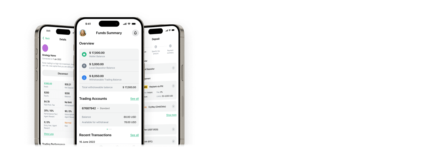 Deposit, withdraw and keep track of your balance and equity from your phone, giving you complete control over your trading funds.